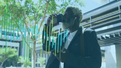 animation of statistical data processing against african american man drinking coffee at office