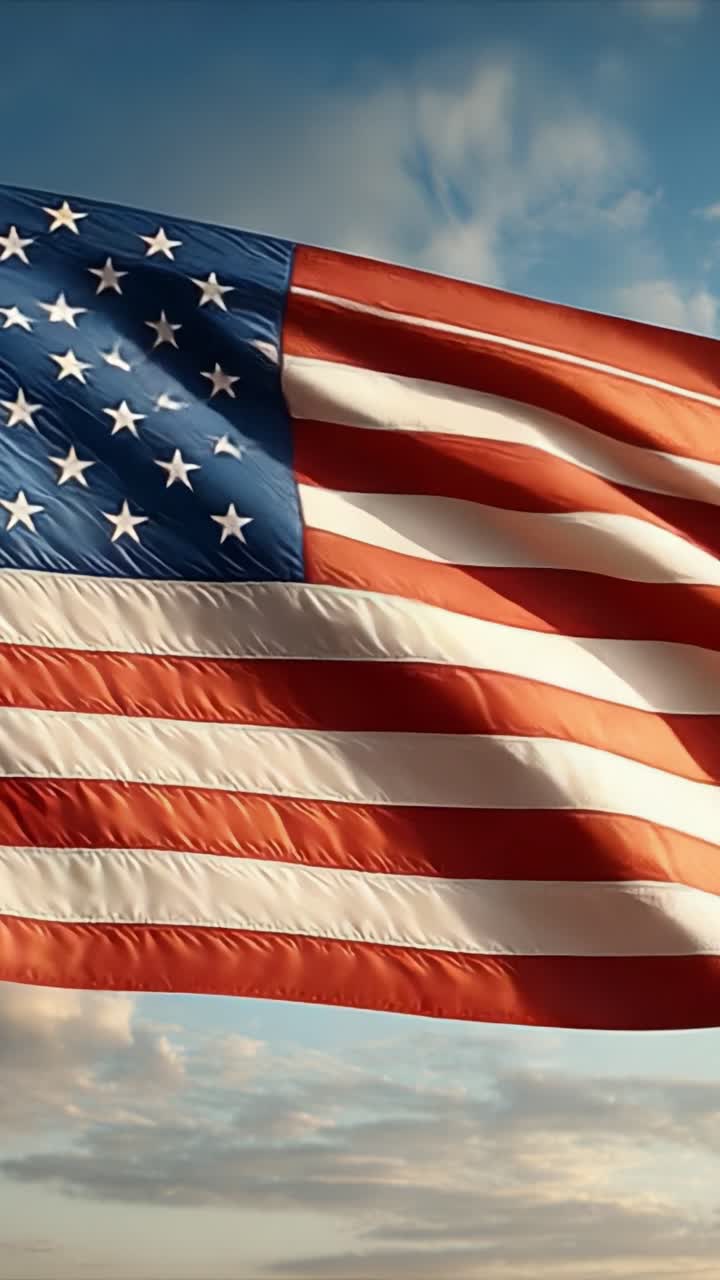 Bandiera americana che sventola contro un cielo mozzafiato: un simbolo di libertà, unità e orgoglio, catturato con dettagli straordinari e colori vividi con effetti di luce drammatici