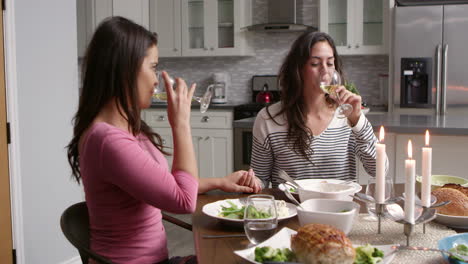 Una-Pareja-Gay-Femenina-Hace-Un-Brindis-En-La-Cena-En-Su-Cocina,-Filmada-En-R3d