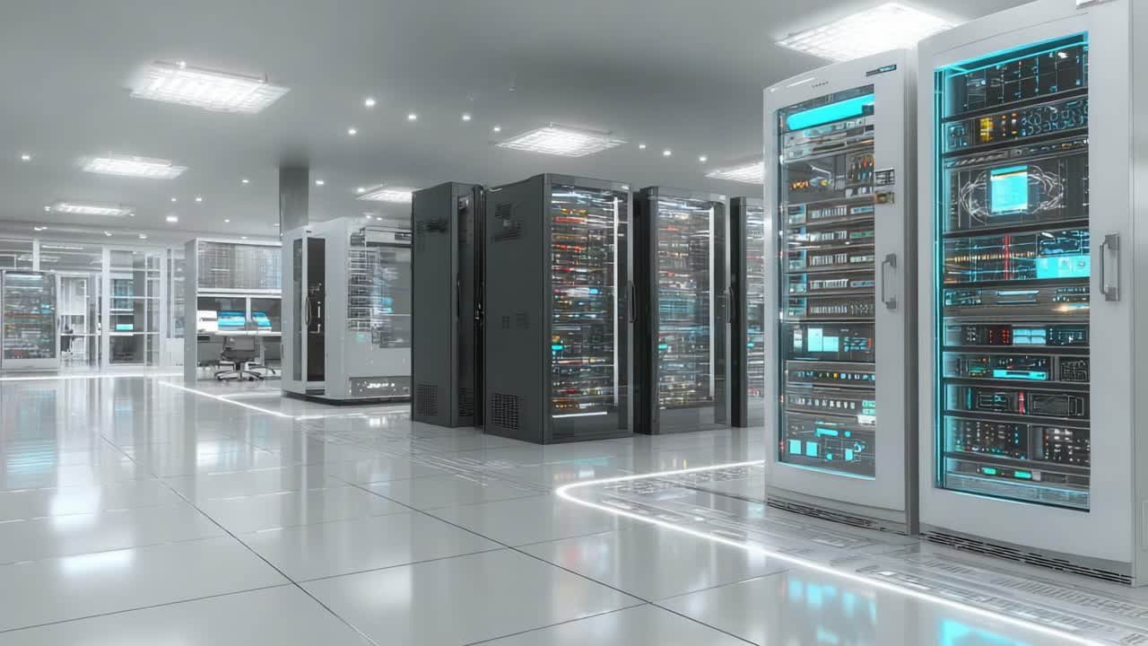 A Stunning View Inside a Modern Data Center, Featuring Rows of High-Tech Servers and Advanced Equipment Illuminated by Ambient Lighting