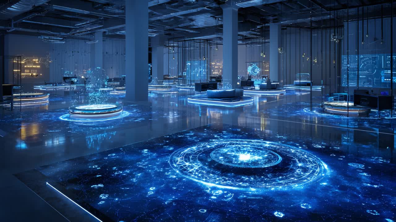 Advanced technology data center featuring glowing blue holographic displays and a complex circular graphic on the floor, visualizing network connections or astronomical data in a modern office