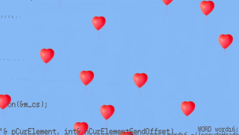 animación de globos en forma de corazón y lenguaje informático contra un fondo azul