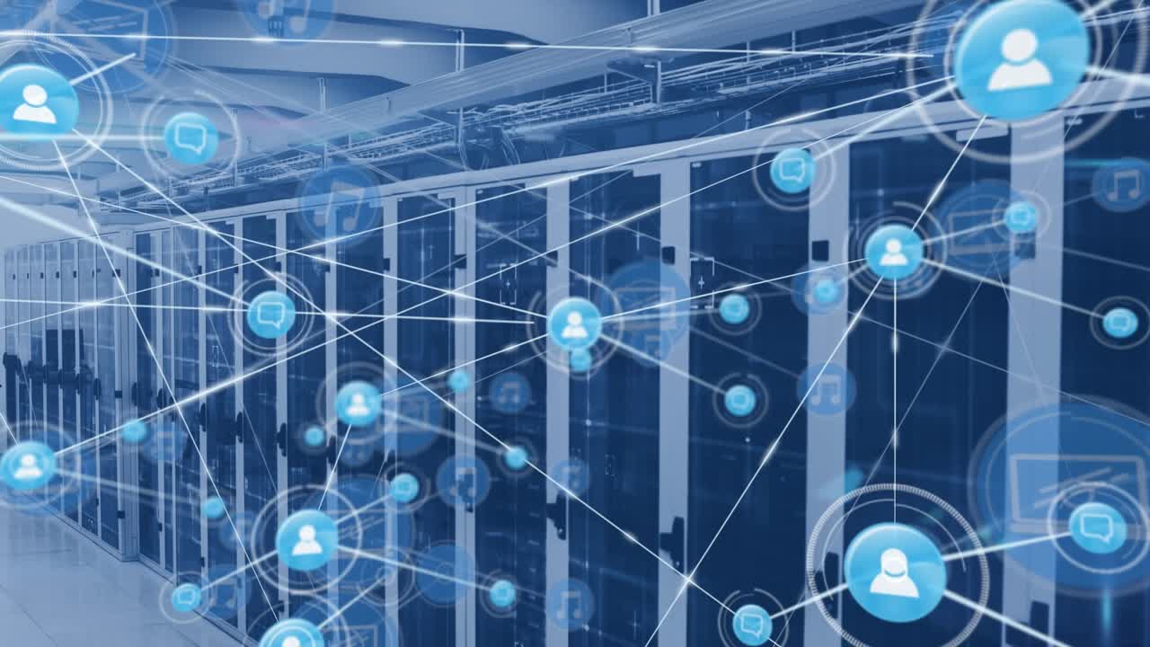 Animation of network of people icons exchanging data over computer server room