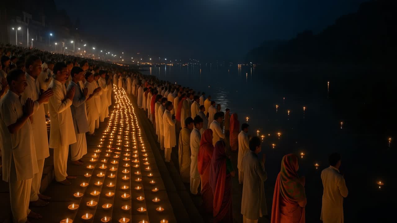 Individuals dressed in traditional clothing engage in a tranquil candlelight ceremony along the riverbank, showcasing a beautiful scene of collective spirituality and reflection