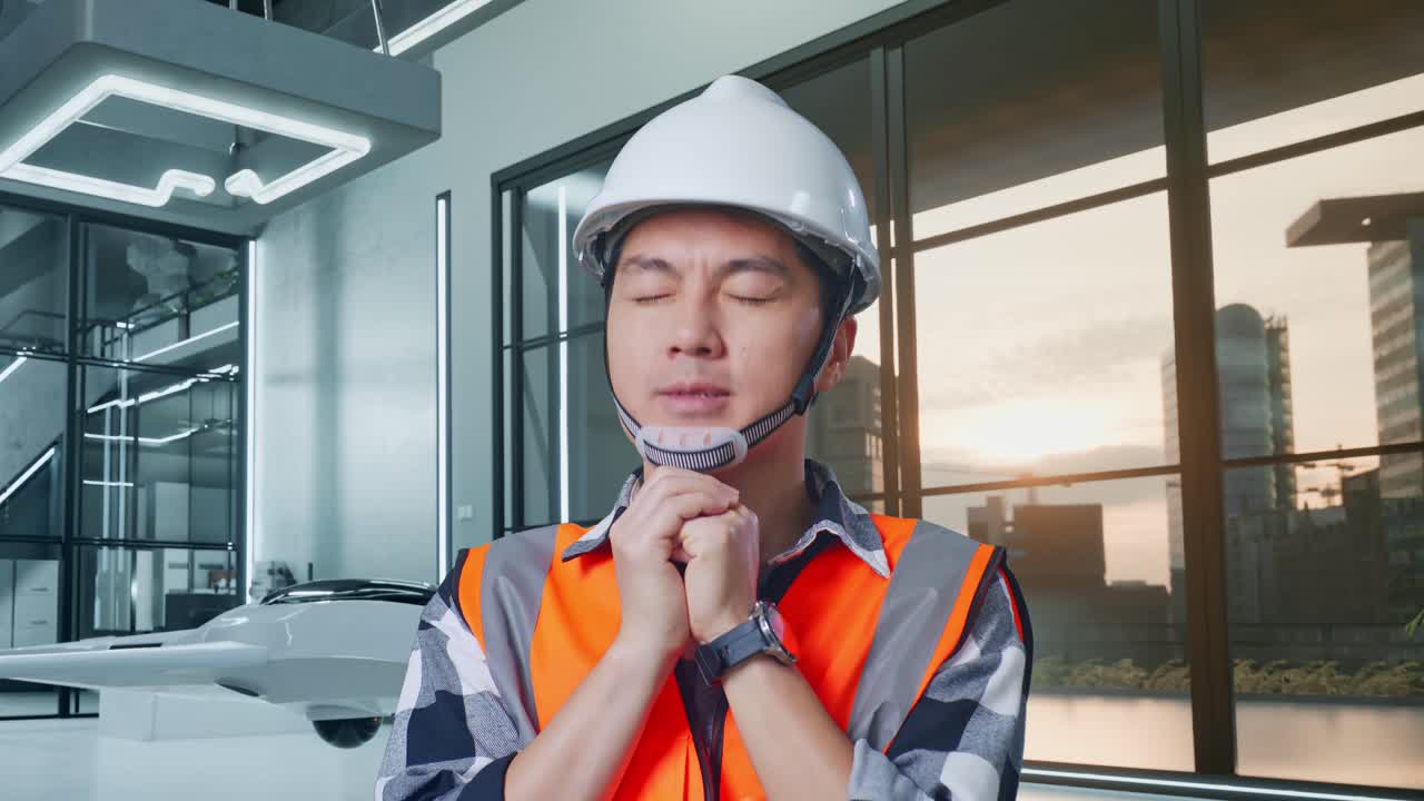 안전 헬을 입은 아시아 남성 엔지니어가 무인기 프로젝트에 서 있는 동안 무언가를 위해 기도합니다.