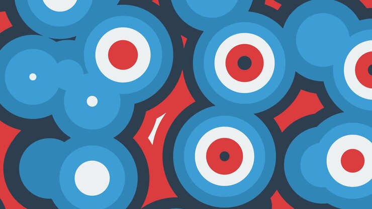 Abstract animation of colorful red, blue and white moving round shapes. Seamless loop animated background, wallpaper.
