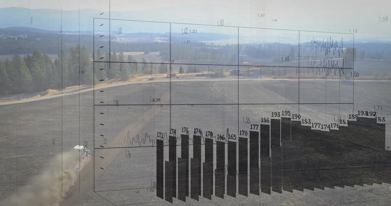 Pickup entering field kicking dust and showing grid overlay with bar chart rising for data visuals