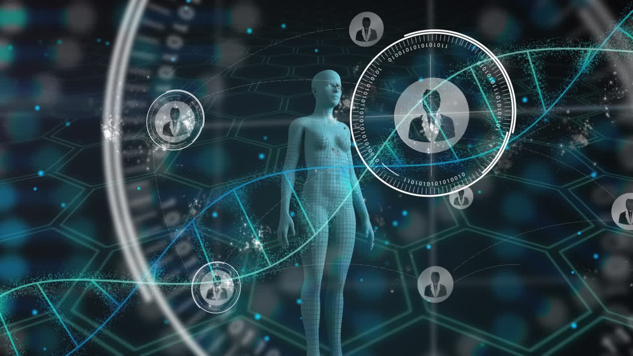 animación de cadena de adn y humano digital a través de la red de conexiones con iconos.
