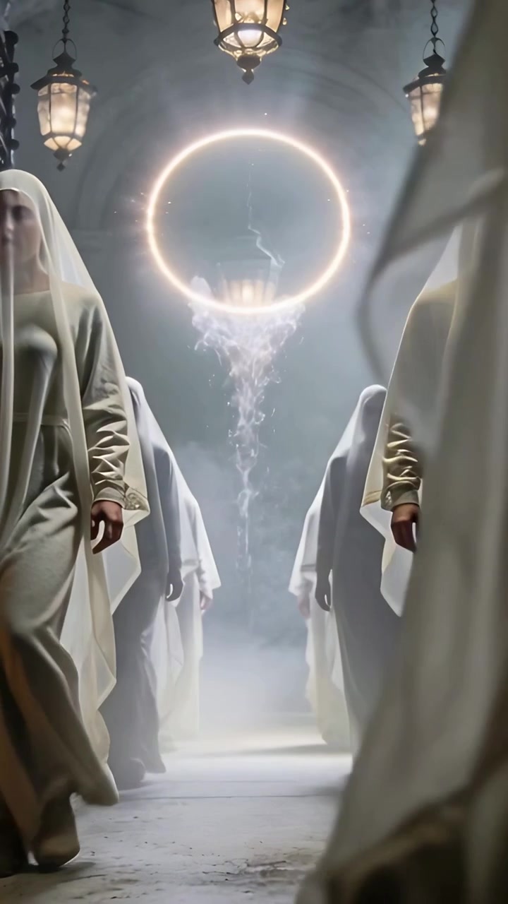 Video verticale: Rituale di marcia che inizia, suora velata in abito bianco con candela che passa sotto una volta ad anello.