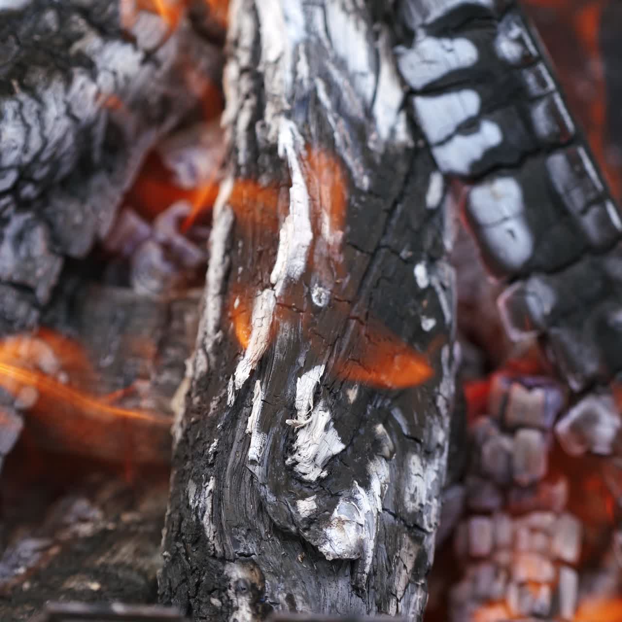 Charcoal in orange flame. Burning out wooden logs in campfire. Embers of wood for barbeque. Smoldered logs background. Close-up.