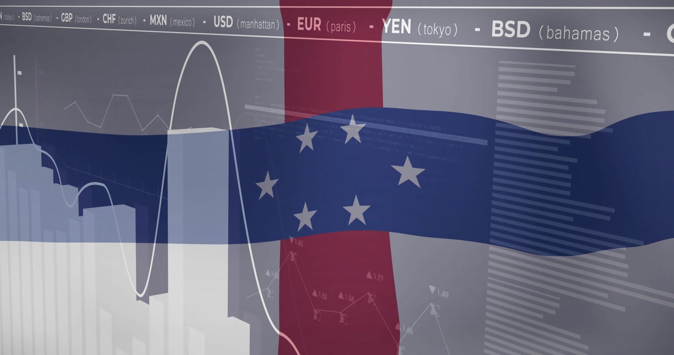 Stylized red column crossing wavy blue stripe bearing 7 white stars overlaying moving line graphs
