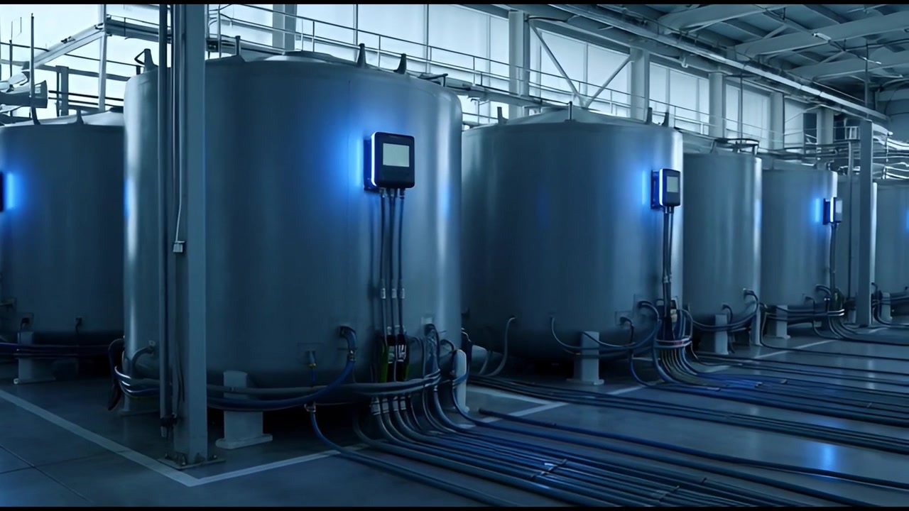 Modern Industrial Facility with Large Storage Tanks and Blue Glowing Displays