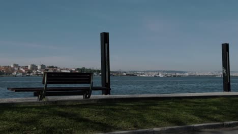 pov shot from moving car, waterfront promenade in slow motion