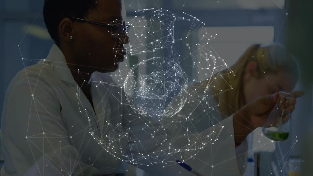 Globe overlay appearing to show data as chemist taking notes and researcher inspecting beaker