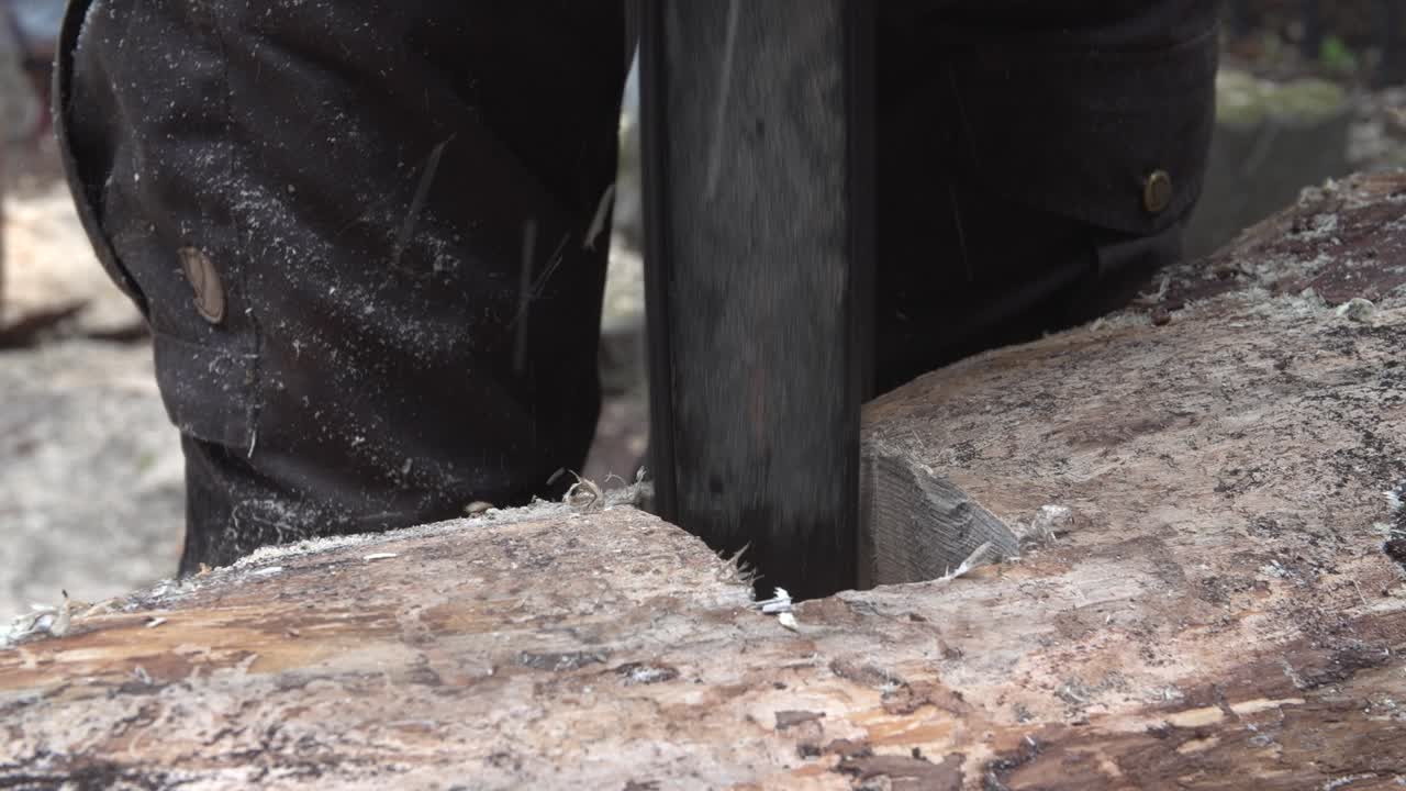 전기톱을 사용하여 외부 통나무나 나무 줄기에 구멍을 뚫다