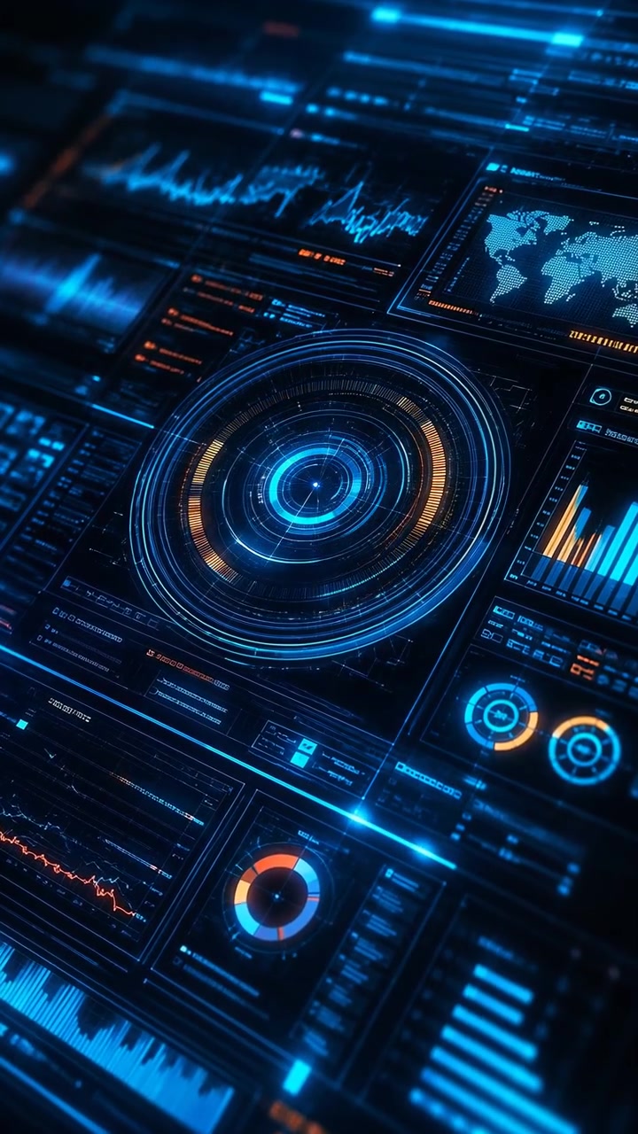 Glowing blue analytics interface on a dark background with a central circular target display, layered charts, world map panels, and abstract technology graphics