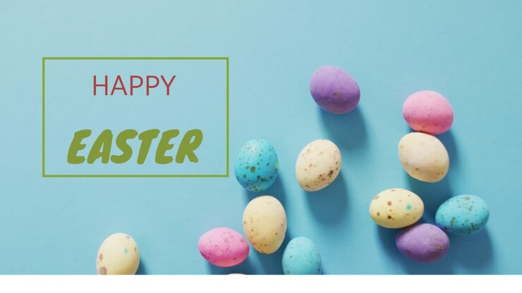 Speckled egg cluster sitting right, green title box appearing then sliding away for Easter greeting