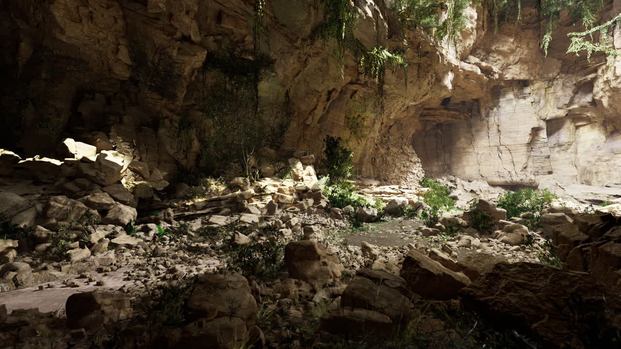 cueva rocosa con vegetación exuberante y luz natural durante el día
