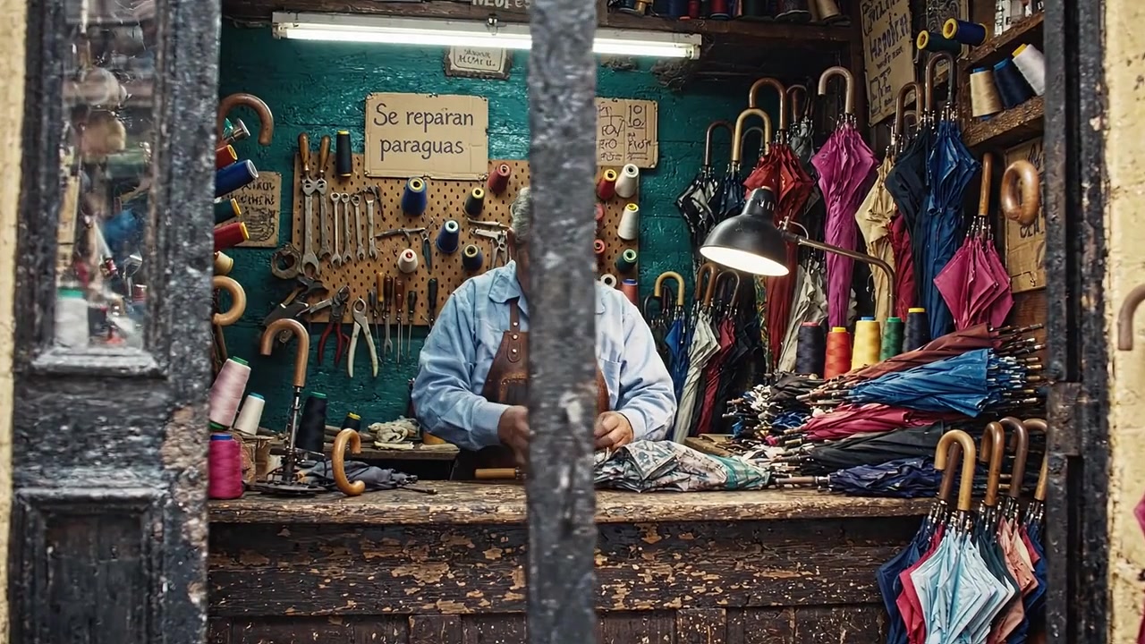 Artigiano che ripara ombrelli in un'affascinante bottega, circondato da materiali colorati e attrezzi del mestiere, che mostra l'artigianato tradizionale.