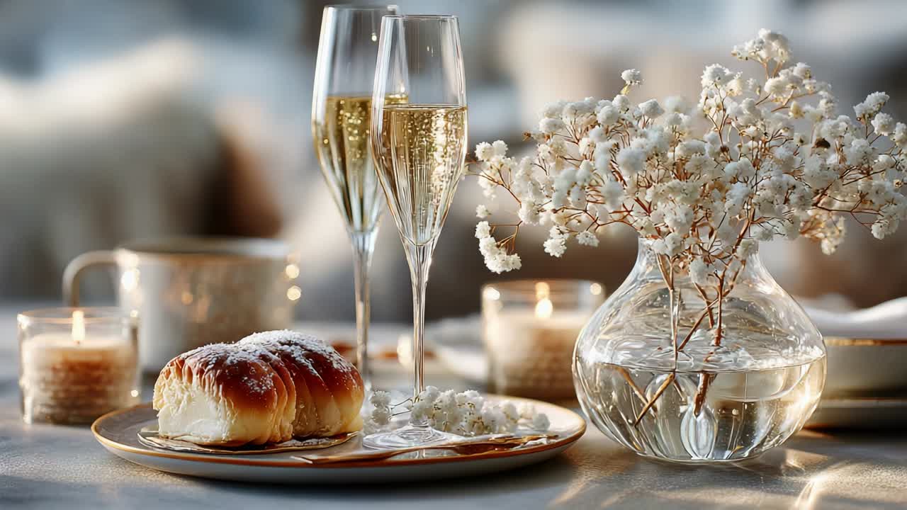 Elegante tavola imbandita con due flûte di spumante, un delizioso dolce e una delicata composizione floreale con candele, per creare un'atmosfera romantica perfetta per una festa o un evento speciale