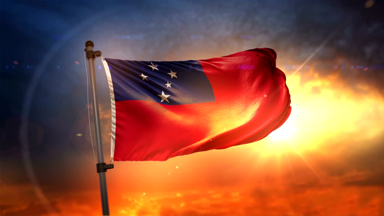 la bandera de samoa retroiluminada en el hermoso amanecer en movimiento lento 4k