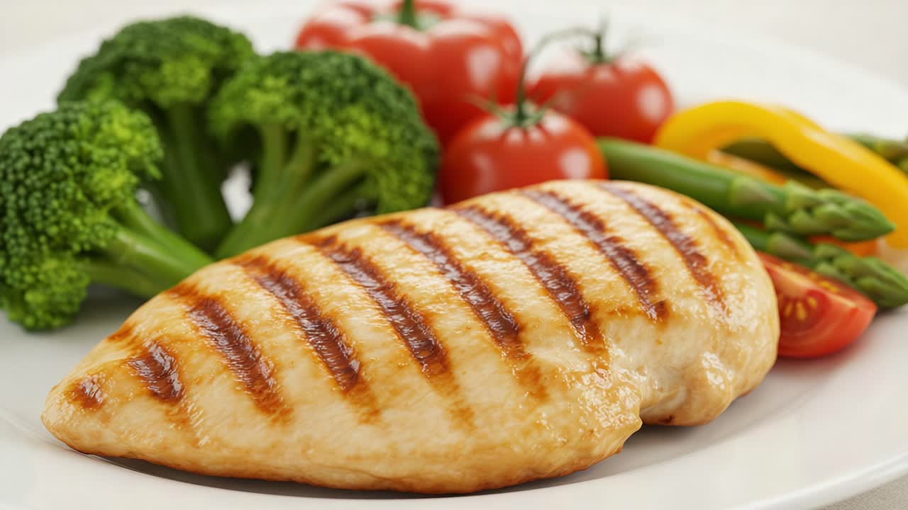 A Deliciously Grilled Chicken Breast Served with Fresh Vegetables and Succulent Cherry Tomatoes for a Healthy Meal