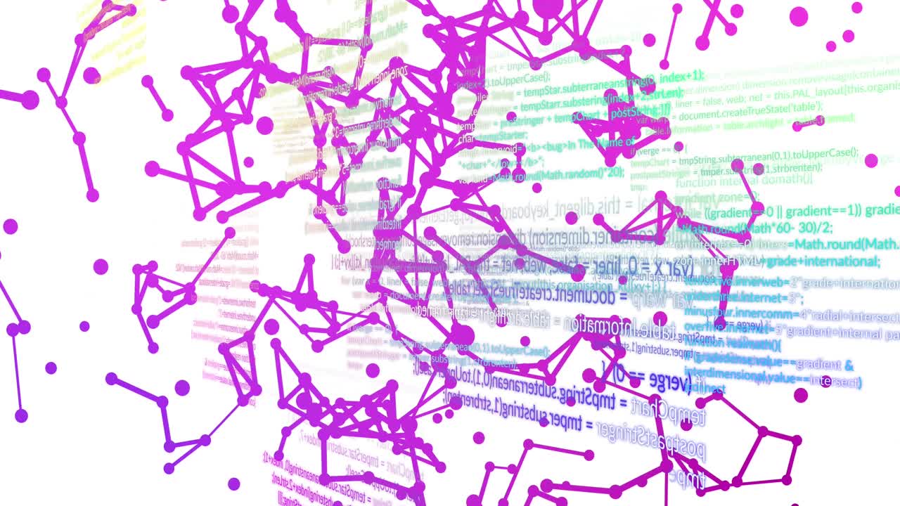 연결 네트워크와 데이터 처리의 애니메이션이  ⁇ 색 바탕에 있습니다.