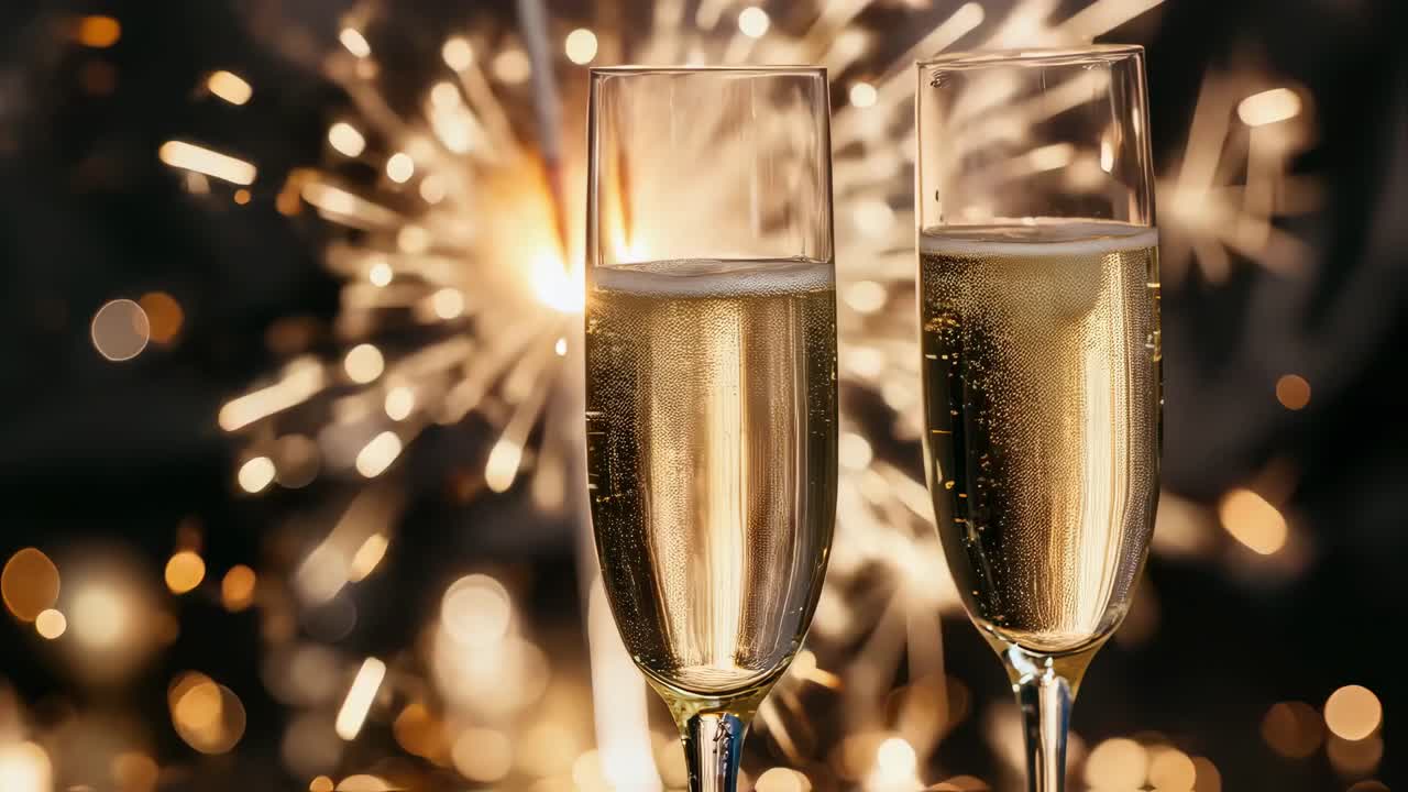 Golden sparkling wine bubbling in elegant glasses, glowing fireworks illuminating background, radiating celebratory ambiance during festive nighttime event