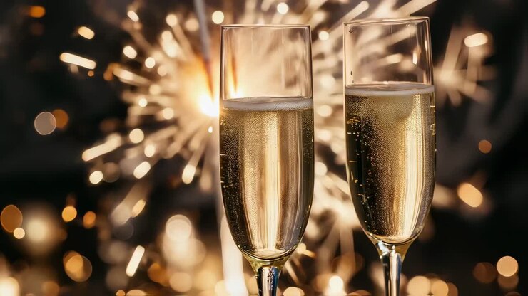 Golden sparkling wine bubbling in elegant glasses, glowing fireworks illuminating background, radiating celebratory ambiance during festive nighttime event
