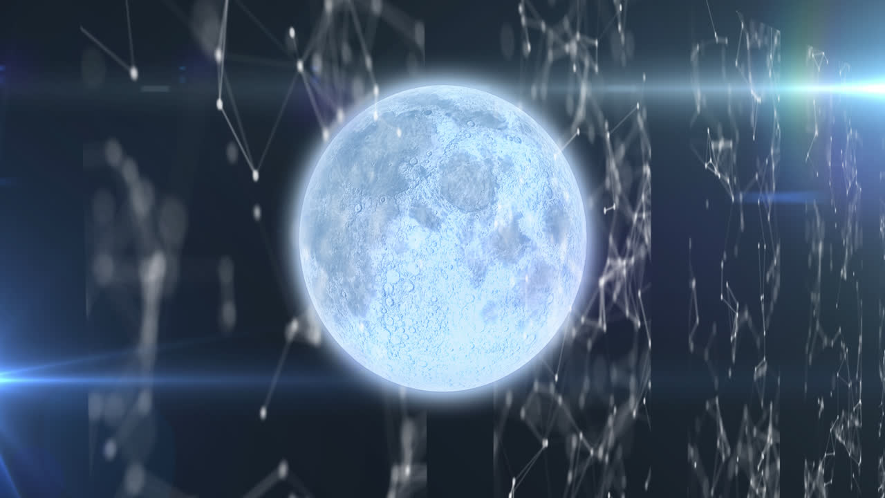 анимация планеты земля с светящимся точком света над вращающимися сетями соединений