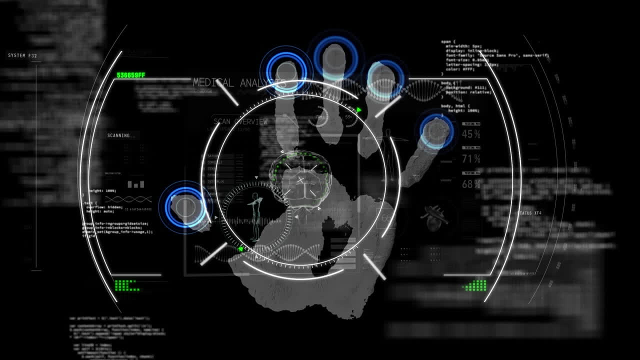 Animation of circles and scanning fingerprints with computer language over black background