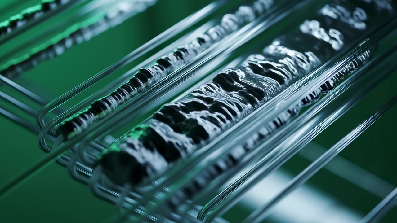 Dark glossy forms undulate inside clear parallel tubes while bright reflections shift across smooth glass surfaces, framed diagonally against saturated green surroundings.