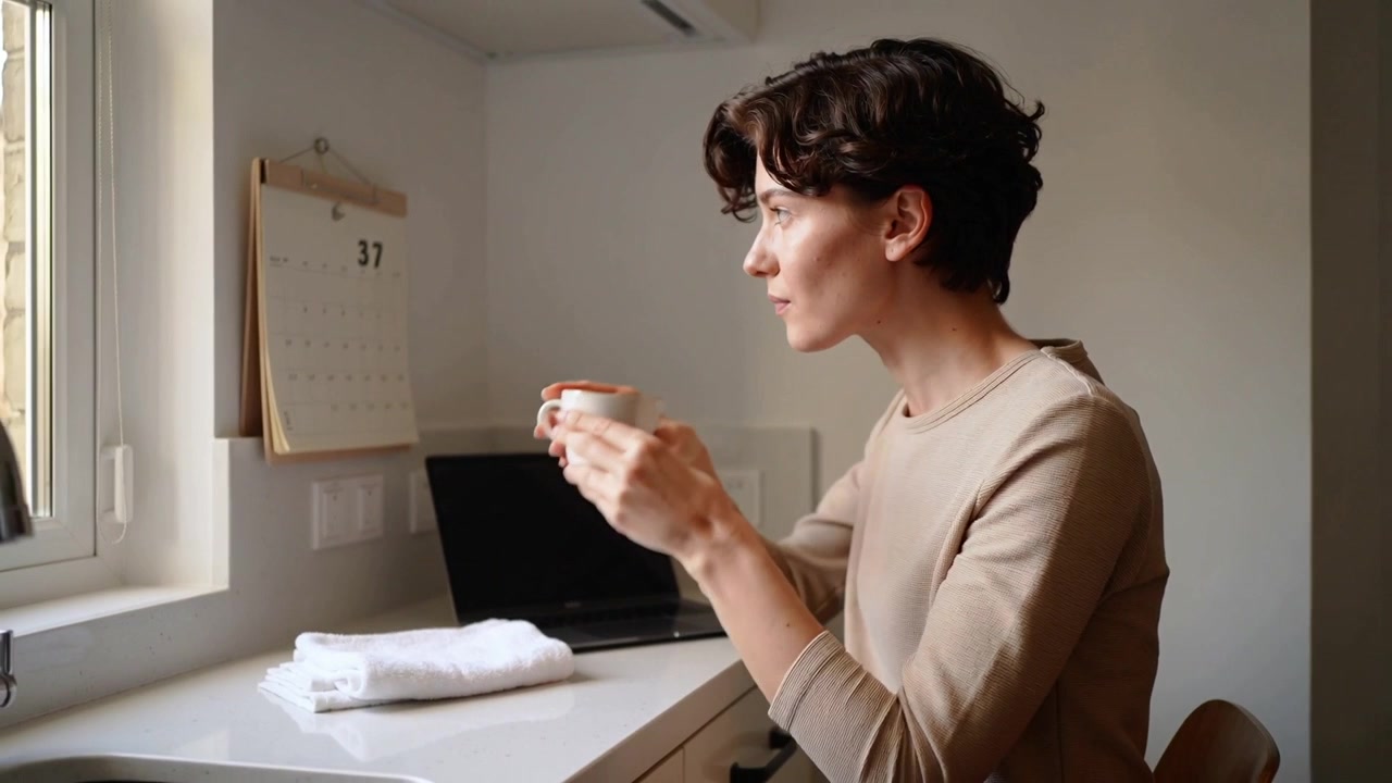 Luz solar llenando la ventana, mujer vestida de beige bebiendo de una taza, colocándola junto a un portátil, reflejando, espacio para texto.
