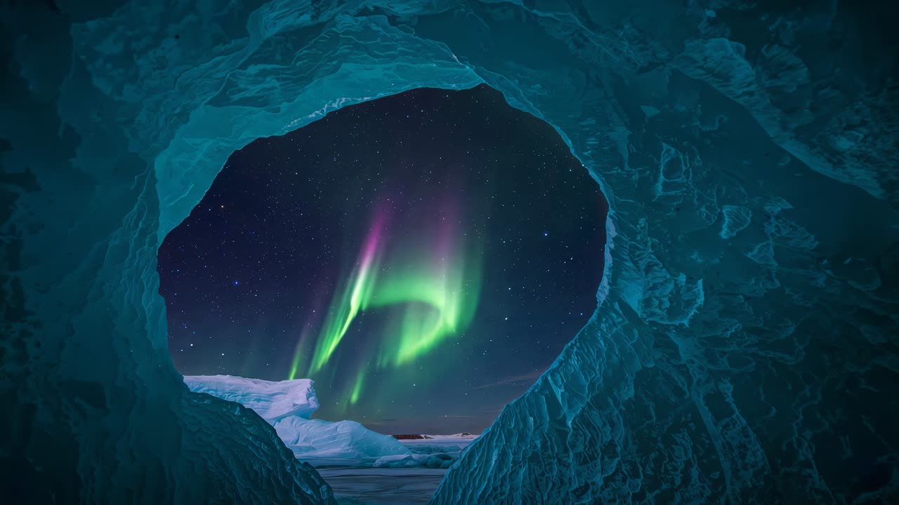 Rising auroral arc sweeping into green ribbon through sea ice cave opening, lighting textured walls