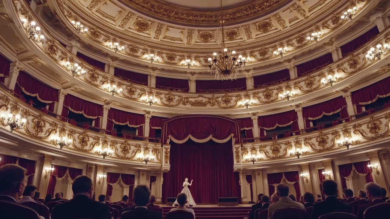 Elegant opera singer performing on stage in a historic theater, captivating the audience with her powerful voice under the warm glow of ornate chandeliers