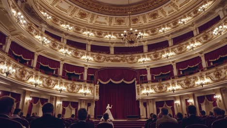 elegant opera singer performing on stage in a historic theater, captivating the audience with her powerful voice under the warm glow of ornate chandeliers