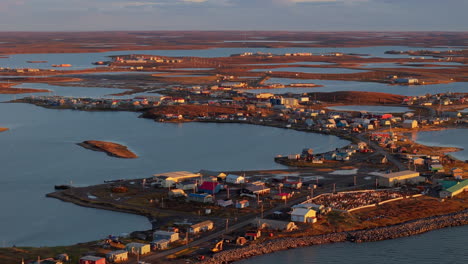 aerial view of arctic village of tuktoyaktuk at sunrise in northwest territories, canada.
