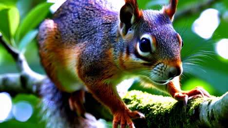 close-up of a curious squirrel on a mossy branch