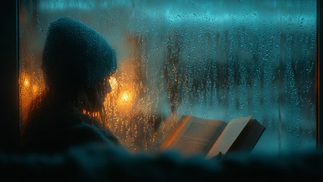 A Serene Moment of Contemplation: A Young Reader Immersed in a Book, Gazing Out Through a Rain-Soaked Window, Capturing Tranquility on a Stormy Night