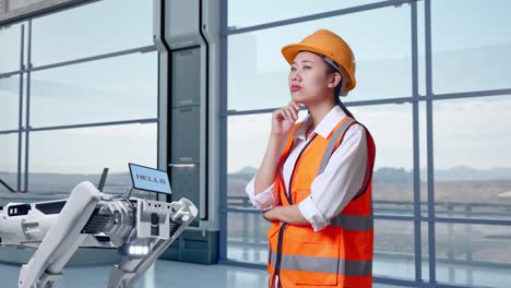 ingeniera y robot en una fábrica moderna