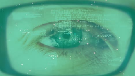 animation of connections and data processing over eye of caucasian man in glasses