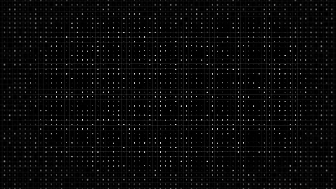 Black binary code matrix background white digits grid texture and dense digital pattern programming