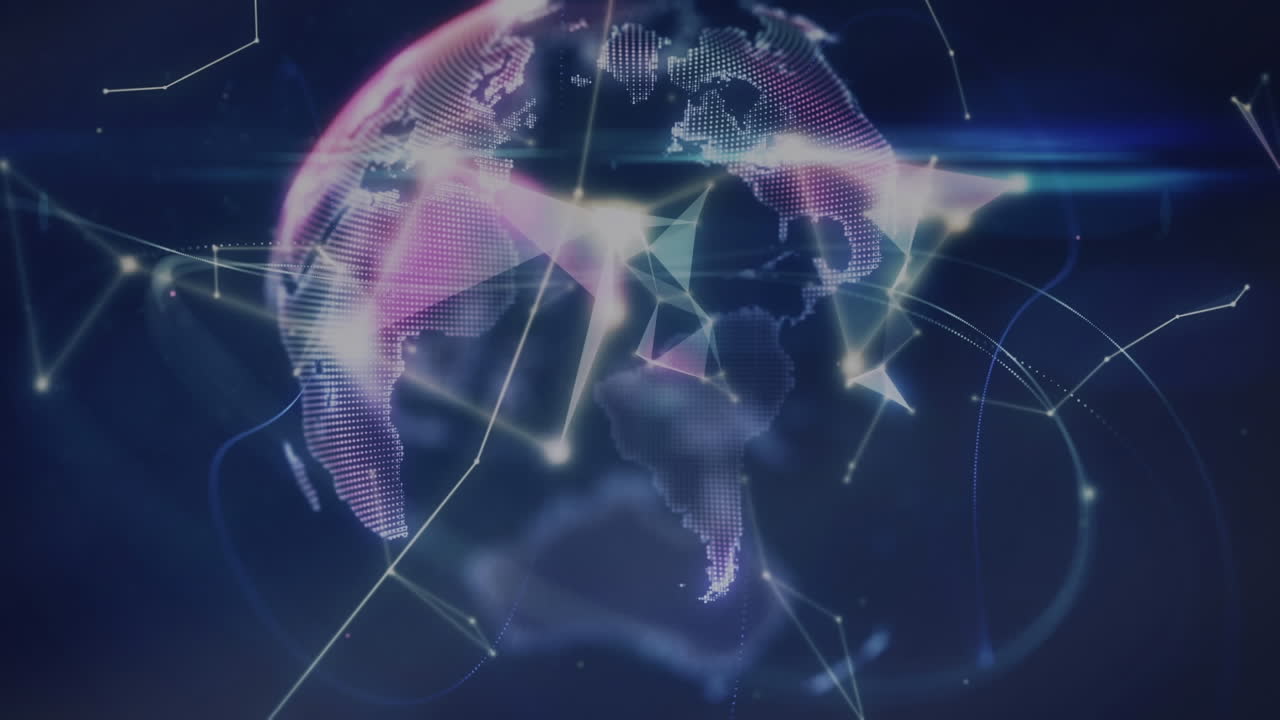 Digital animation of light trails over spinning globe against blue background