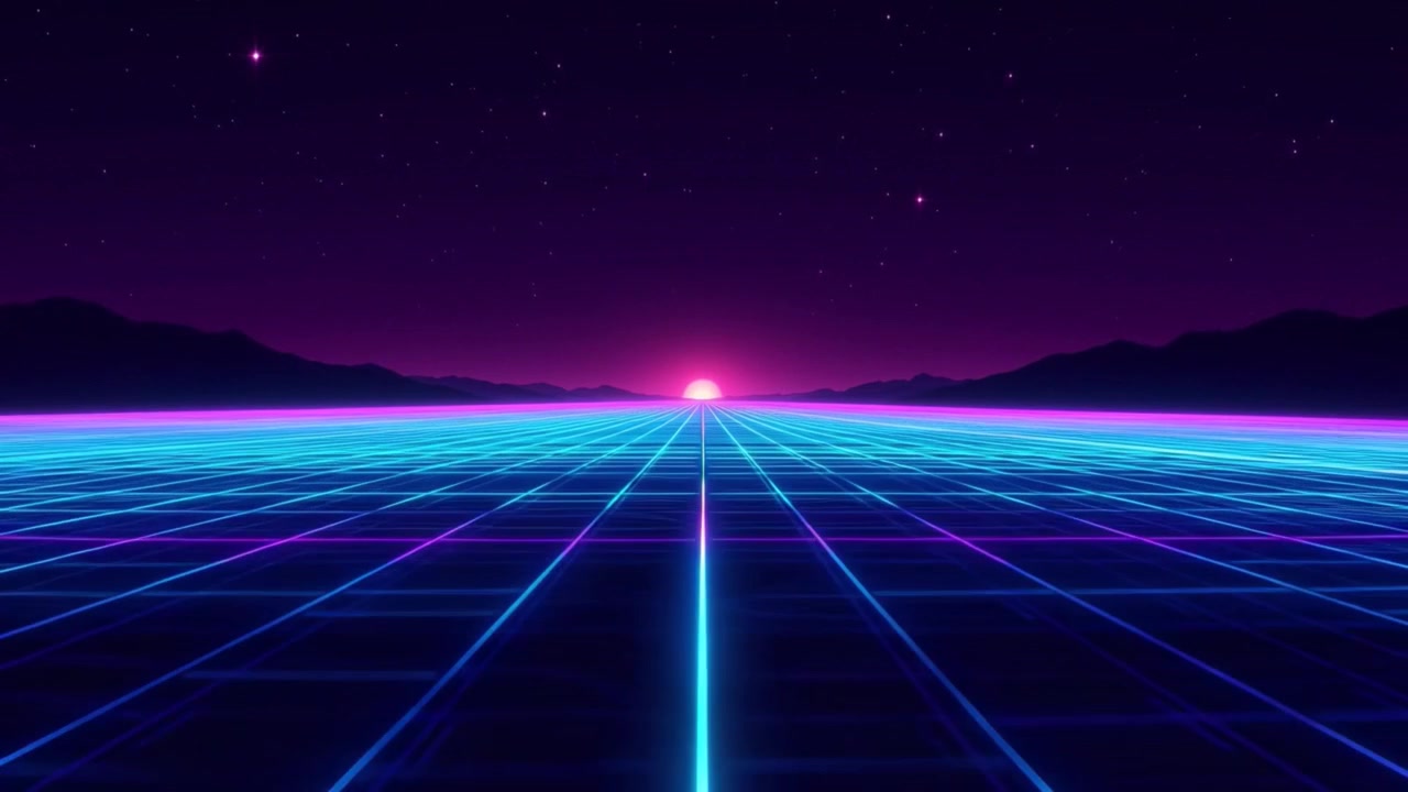 Paesaggio a griglia retro synthwave con tramonto luminoso