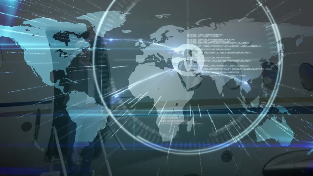 анимация сети соединений над картой мира, самолетом и бизнесменом