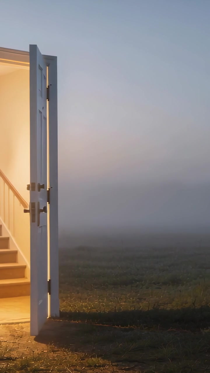 Video verticale: Una figura in cappotto esce da una porta bianca in un campo nebbioso mentre la luce si restringe.