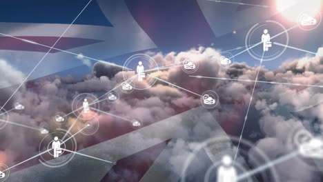 networks of connections with icons over cloudy sky with british flag