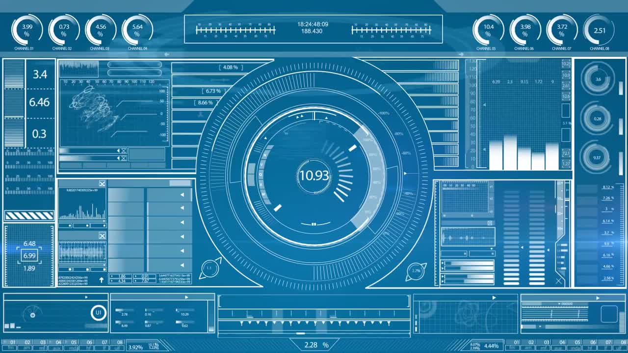 Animation of data processing and molecules over dna strand on blue background