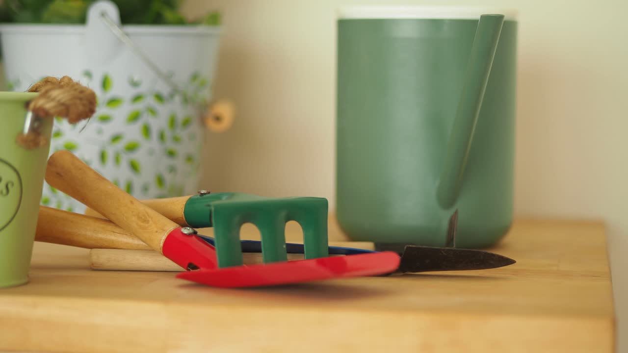 Gardening tools and watering can