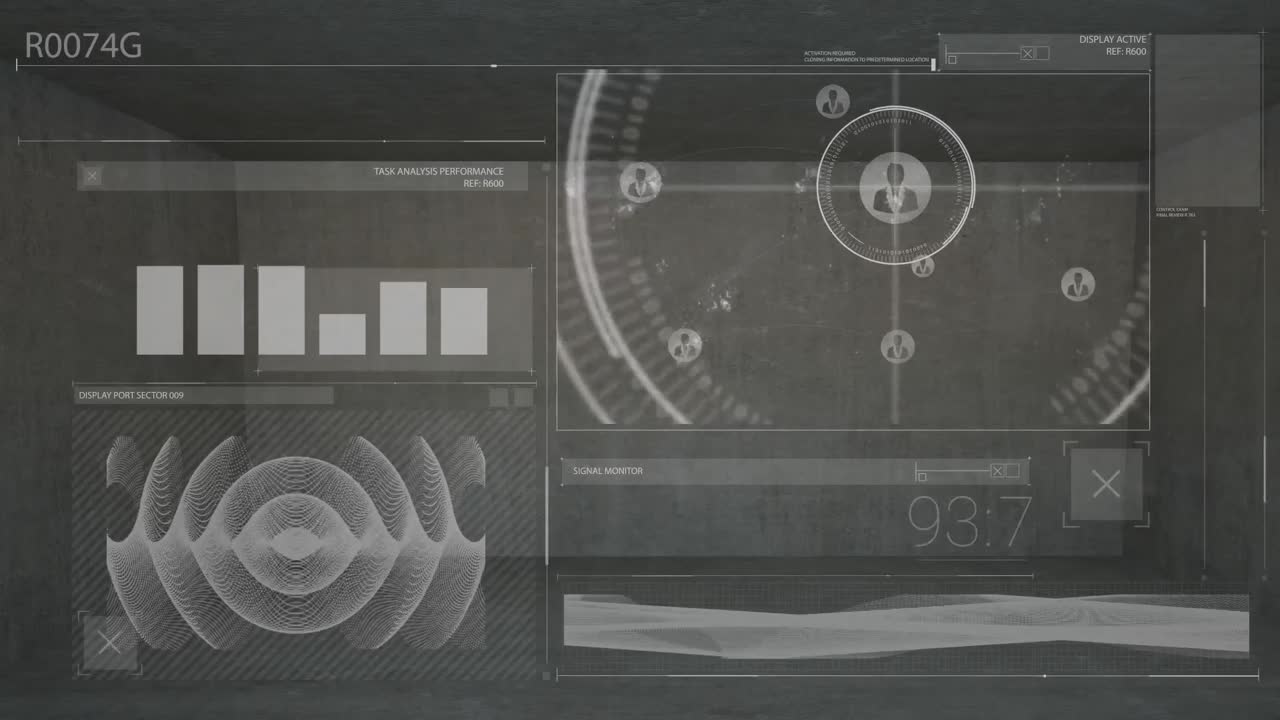 animación de la interfaz con procesamiento de datos contra la habitación vacía gris